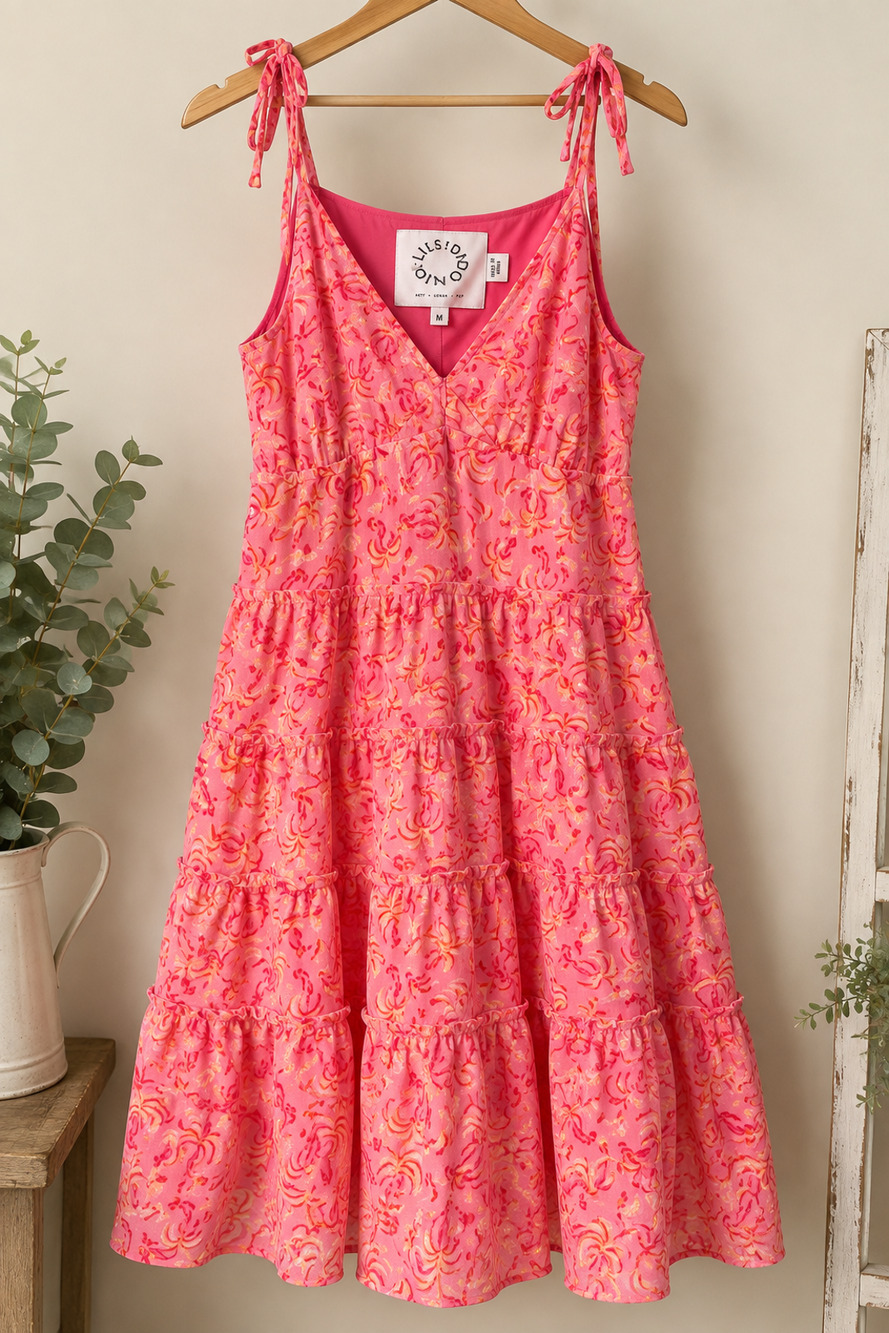 Tuckernuck Lili Sidonio Pink Orange Floral Tiered Midi Dress Size M Tie Strap V